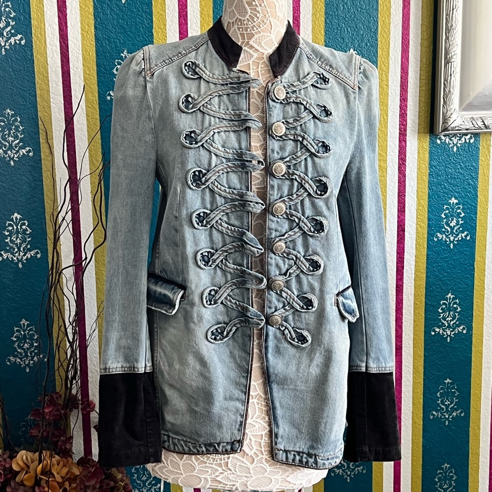 Free People Blue Denim Military Jacket